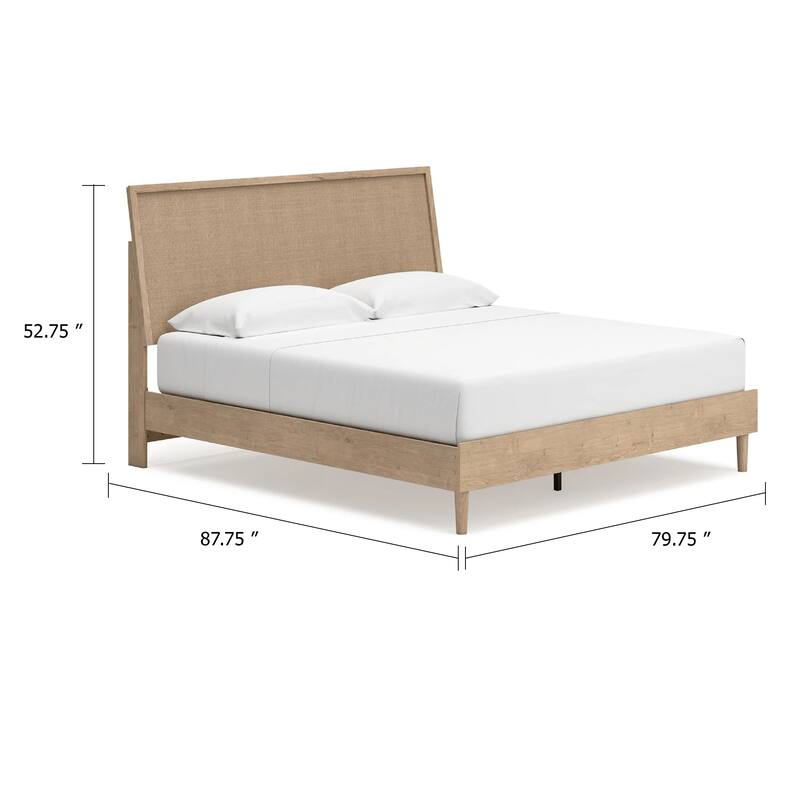 Ciel King Panel Bed with Cane Style Headboard, Brown and Beige Wood