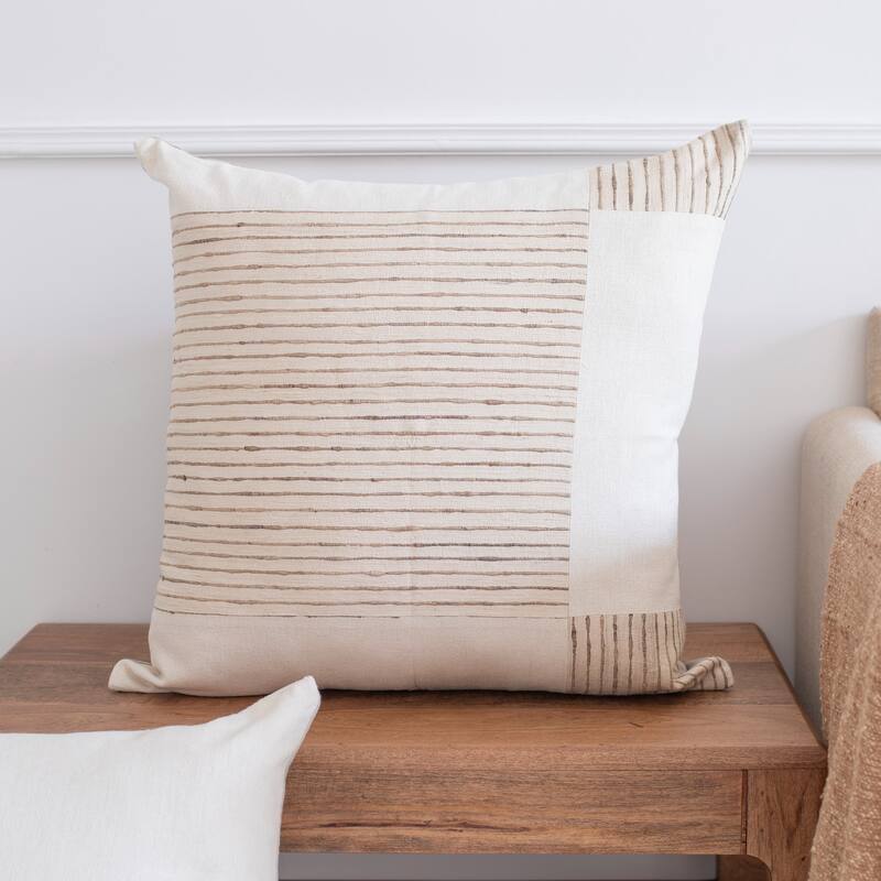 Handwoven Silk Patchwork Square Throw Pillow Cover - 24" - Cream and Beige