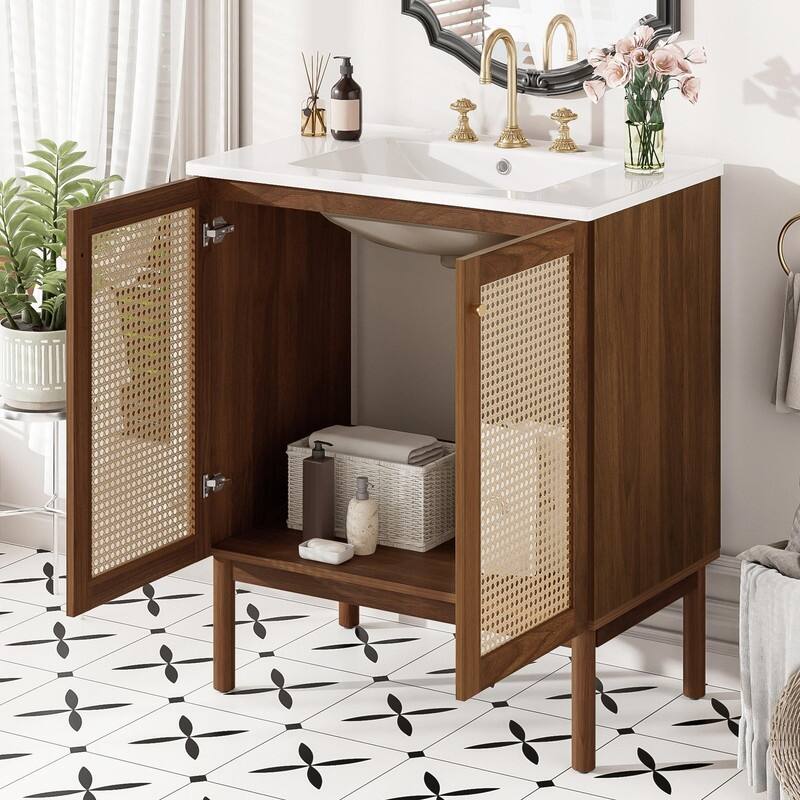 30" Bathroom Vanity with Handwoven Bamboo Doors, MDF Cabinet