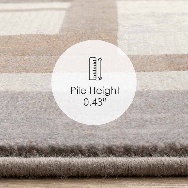 Beige Grey Geometric Overlapping Blocks High-Traffic Plush Rug