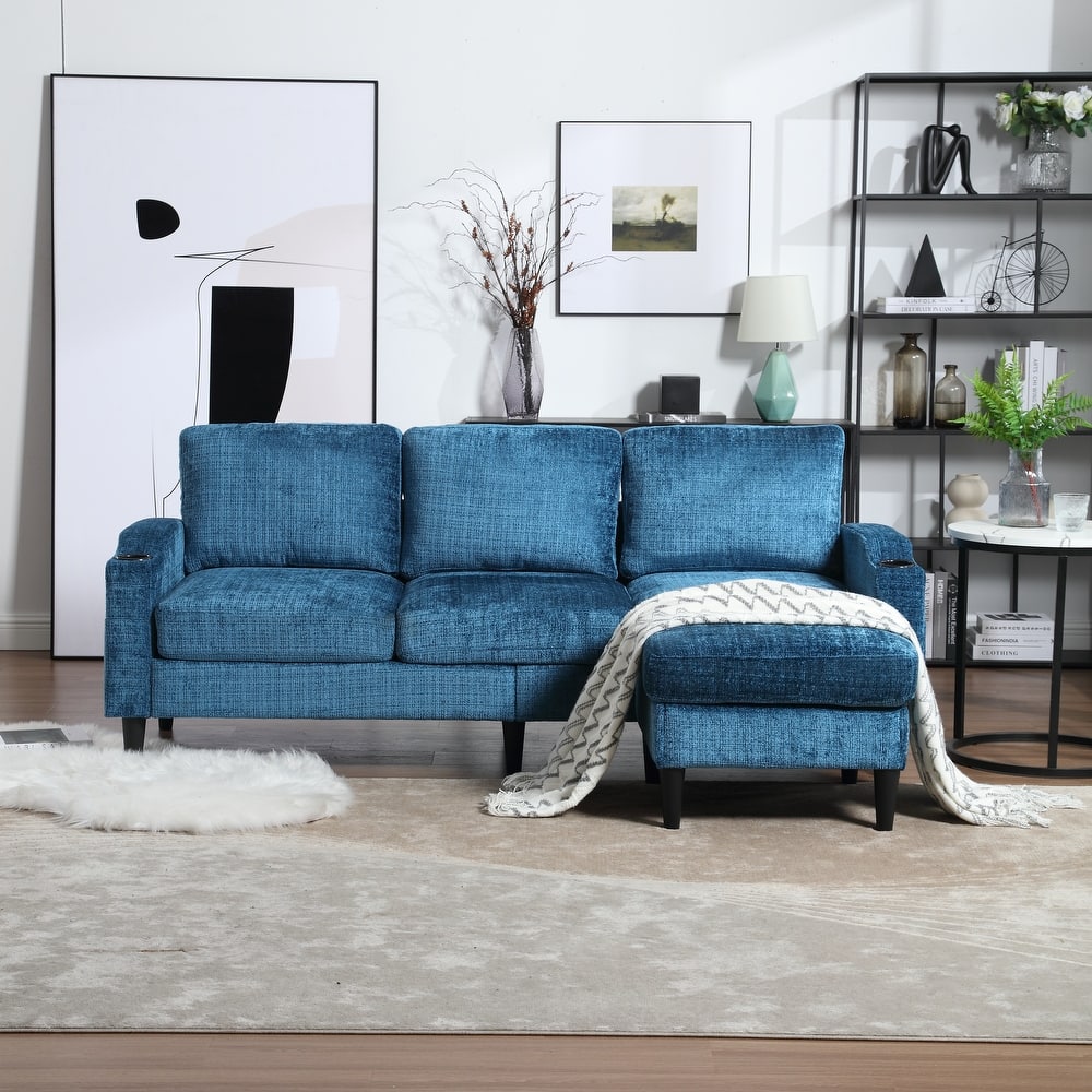 Chenille Deep Seat Couch with Chaise, L-shaped Sectional Sofa with Storage Ottoman, Cup Holders and Side Pockets for Living Room