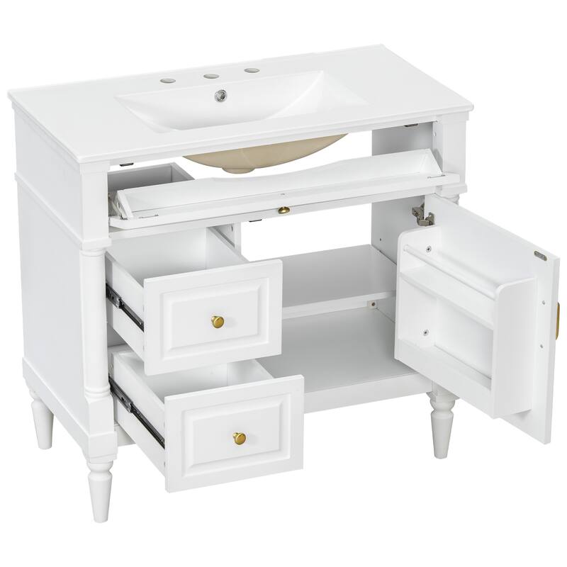 Roomfitters 36" Bathroom Vanity with Sink, Solid Wood Frame, Flip Drawer, 2 Drawers & Door Rack