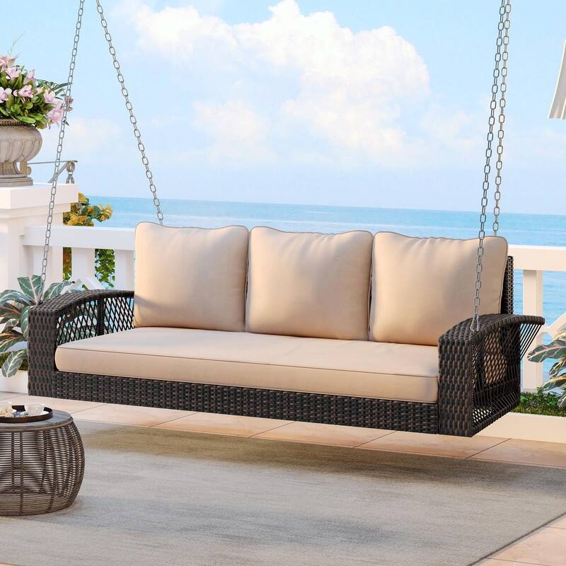 3-Person Wicker Porch Swing with Chains and Cushions for Relaxing in Your Backyard or Garden - Brown
