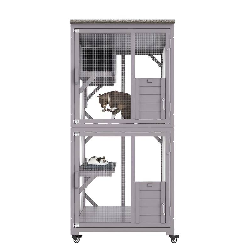 Gray Fir Wood Mesh Cat House 3 Tiers, 1 Door, Tray, Roof, Wheels