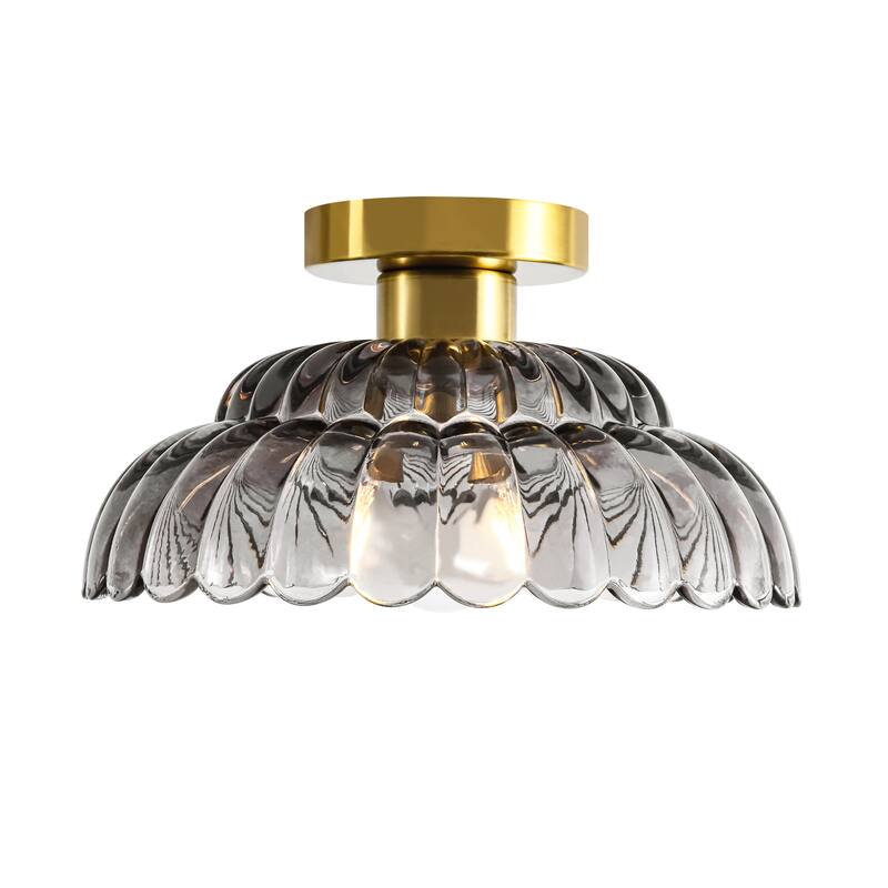 1-Light Vintage Brass Finish Metal Semi-Flush Mount Ceiling Light with Amber/Green/Grey/Clear Glass Shade for Kitchen, Hallway