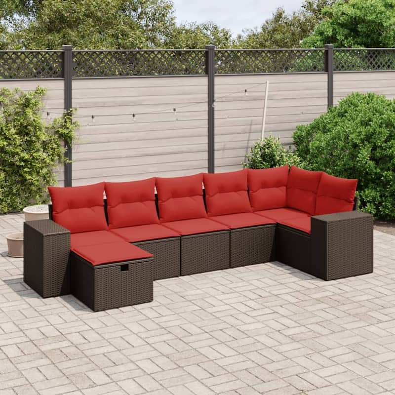 vidaXL Patio Sofa Set with Cushions Outdoor Conversation Furniture Poly Rattan - 24.4" x 24.4" x 27.2" - Brown and red without table