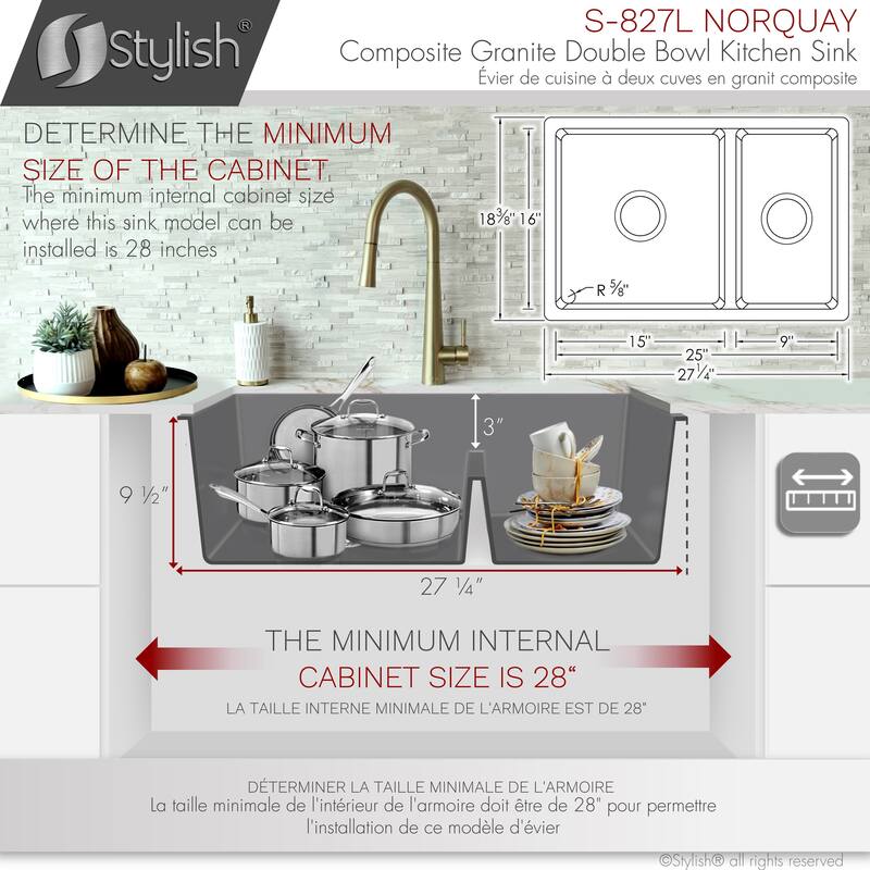 STYLISH 27 inches L x 18 inches W Double Bowl 60/40 Dual Mount Composite Granite Kitchen Sink - 27" x 18" x 9.5"