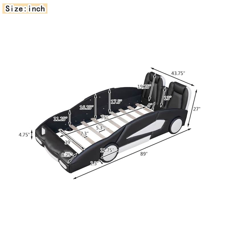 Race Car-Shaped Platform Bed with Wheels - Black