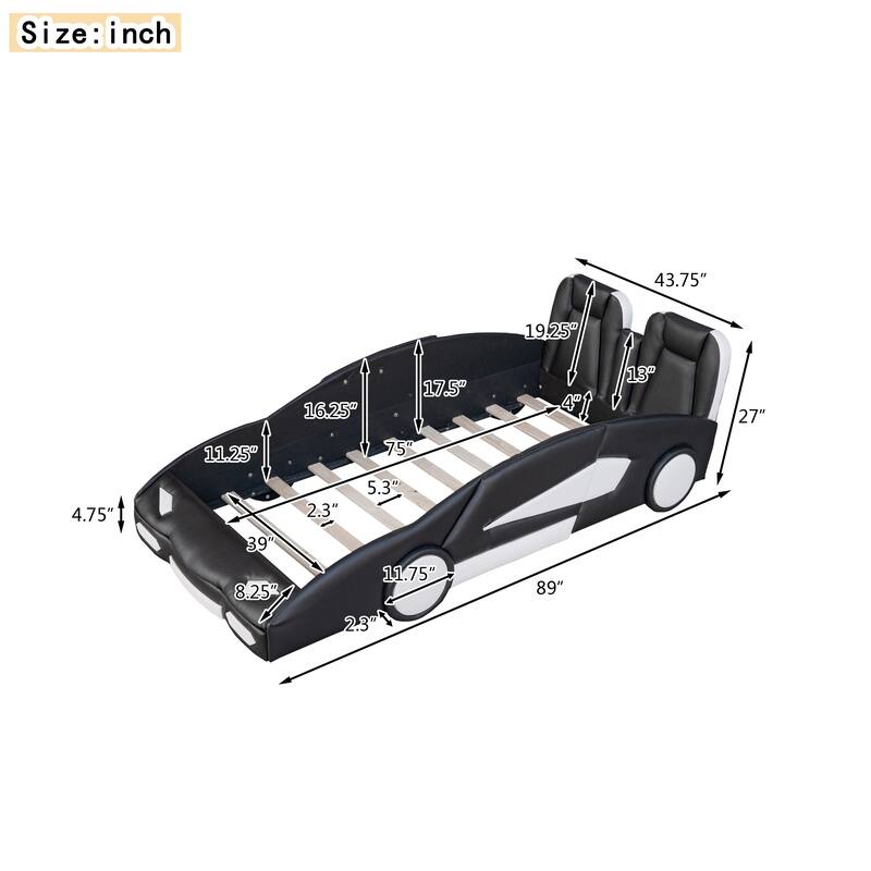 Twin PU Leather Race Car Bed with Guardrail & Car Seat Headboard