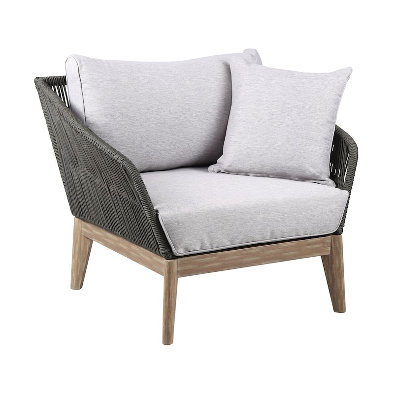 Athos Solid Eucalyptus Wood and Charcoal Rope Outdoor Patio Club Chair with Cushions