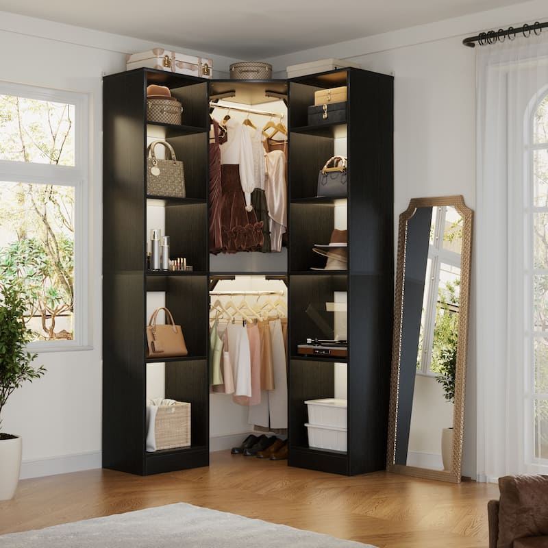 Kyrvo Corner Closet System with 12 Shelves and 2 Hanging Rods, 40"W x 80"H Freestanding Walk-in Closet Organizer System - Black