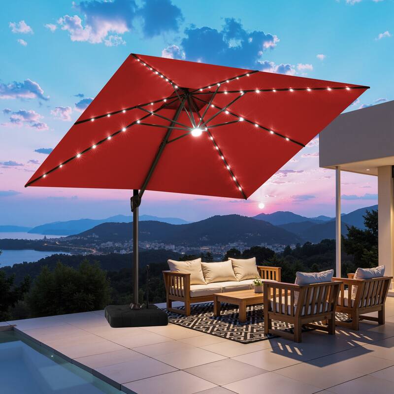 11 FT Outdoor Solar-Powered LED Light Aluminum Patio Cantilever Umbrella with Base - Red
