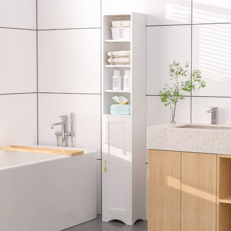 VECELO 70.9 Inches Tall Bathroom Narrow Linen Cabinet, 8 Tiers Solid Wood Freestanding Storage Cabinet - White with Door