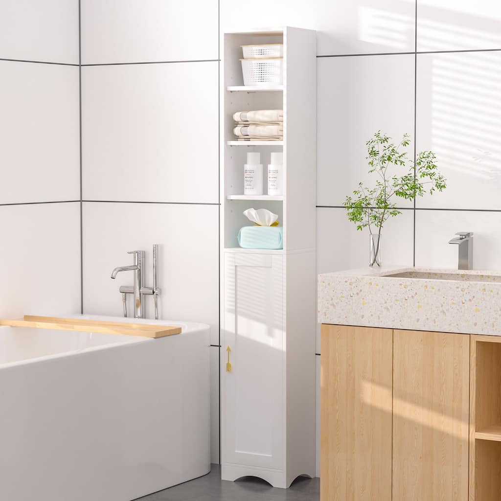 VECELO 70.9 Inches Tall White Bathroom Narrow Linen Cabinet 8 Tiers Solid Wood Freestanding Storage Cabinet