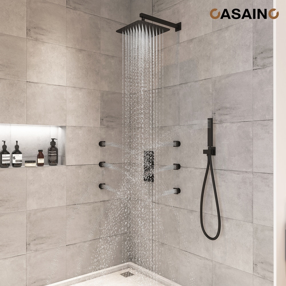 Luxury Thermostatic Shower System 1-Spray Patterns Wall Mount Fixed Shower Head and Handheld Spray with 6 Body Jets - 12" x 12"