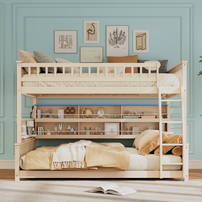 Full XL over Queen Bunk Bed with Integrated Shelving, Color-Changing Lights and Pegboard