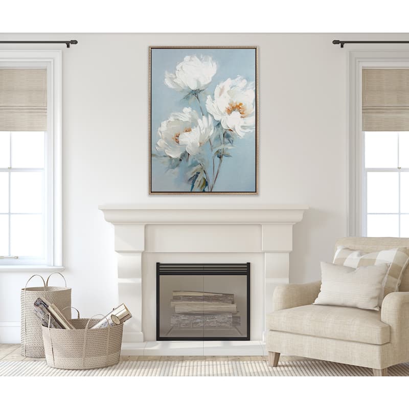 Sylvie Beaded White Peonies Framed Canvas by Creative Bunch Studio