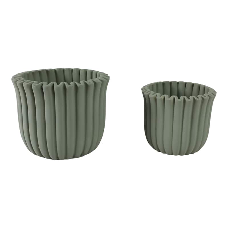 Pottery Cement Planters Textured Ribbed Sculptural Design (Set of 2) - 7.5" x 7.5" x 6"