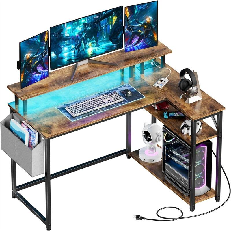 L Shaped Desk with Power Outlets - 32.48"D x 46.46"W x 31.35"H - Rustic Brown