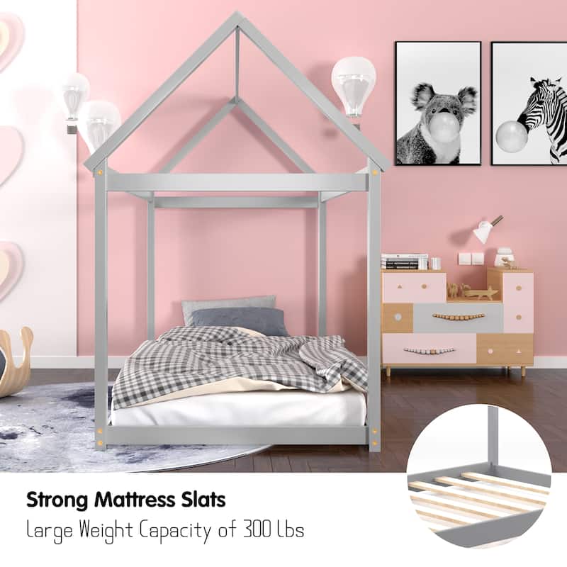 Costway Twin House Bed Wood Frame w/ Roof for Kids Toddler No Box