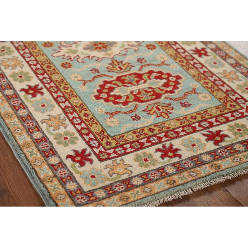 Turquoise Kazak Oriental Accent Rug Hand-Knotted Wool Carpet - 2'7" x 4'1"