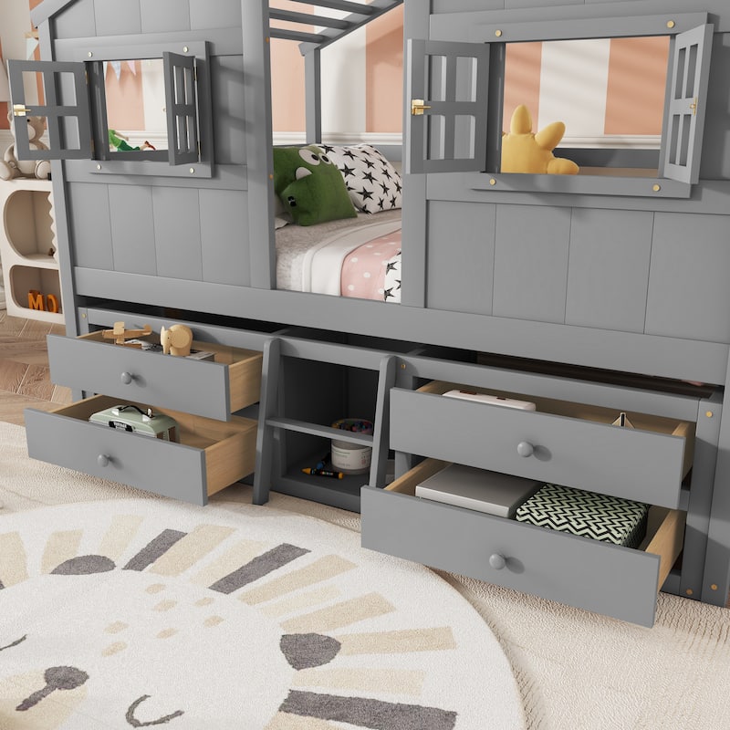 Full Size House-shaped Loft Bed with House Roof Frame Skylight Windows 4 Storage Drawers Guardrails and Stairs for Kids' Room