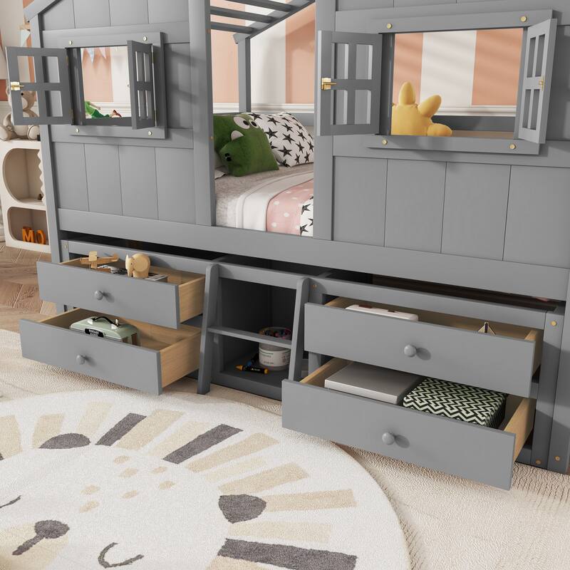 Wooden House Shaped Loft Bed Frame with Roof and Window, Full Size Storage Loft Bed with 4 Drawers, Solid Pine House Bed Frame