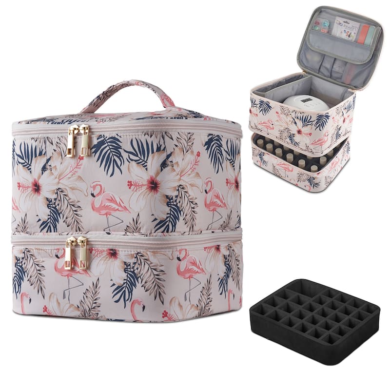 Double-Layer Nail Polish Organizer Bag, Holds 27 Bottles, Nail Tools & Dryer Storage Case with Adjustable Dividers - Flamingo
