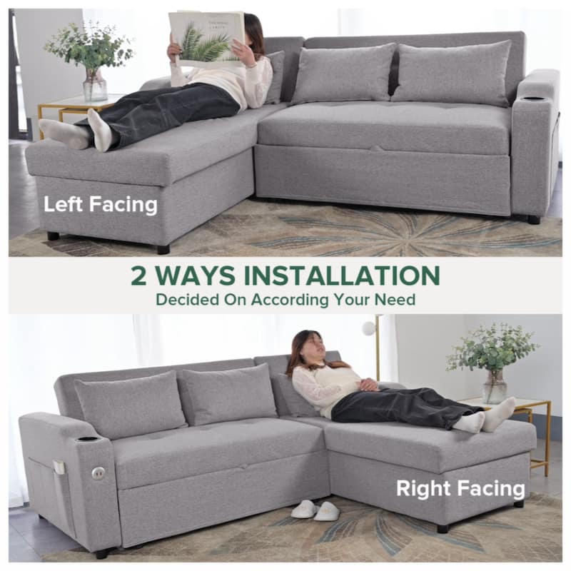 84"Adjustable Backrest Sofa Bed,3 in 1 Linen Sleeper with USB Ports & Cup Holders, Pull Out Couch Bed with Storage Chaise