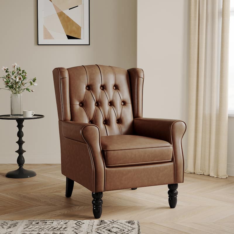 Button-Tufted Accent Chair Wingback Armchair - 38"H - Brown-Leather