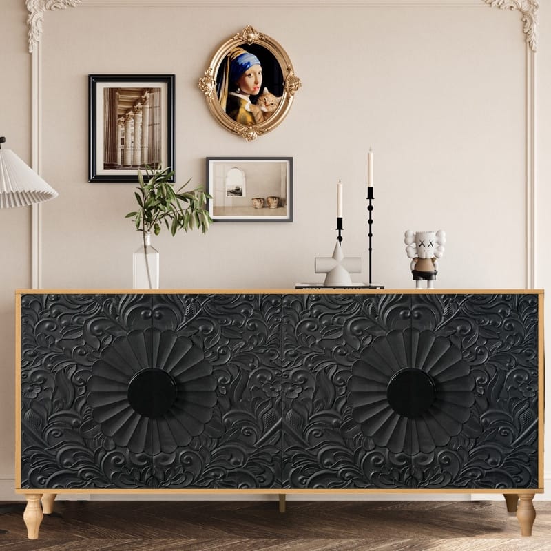 Sideboard Storage Cabinet with Carved Flower Door Handle,Antique Console Table