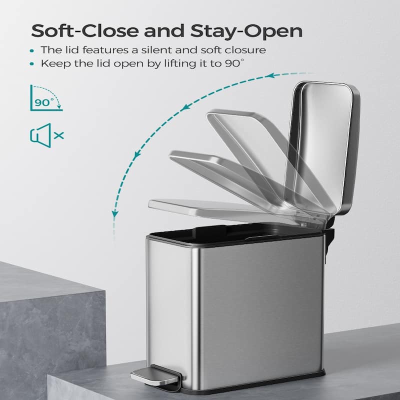 Stainless Steel Slim Bathroom Trash Can with Soft-Close Lid and Plastic Removable Inner Bucket