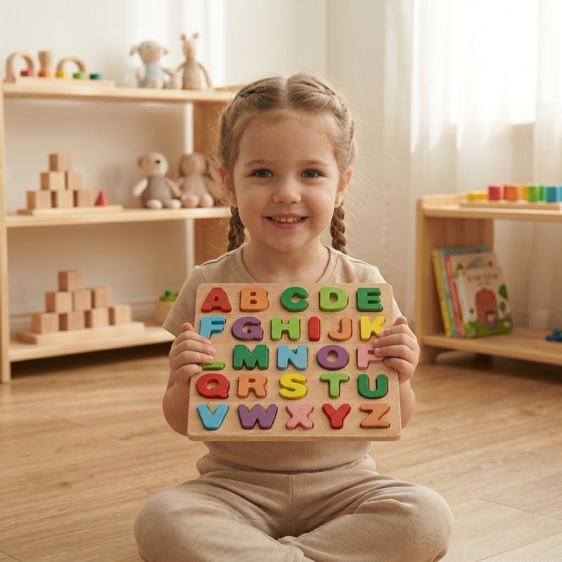 Wooden Alphabet Puzzle for Toddlers - ABC Learning Board with Shapes, Early Preschool Educational Toy for Kids