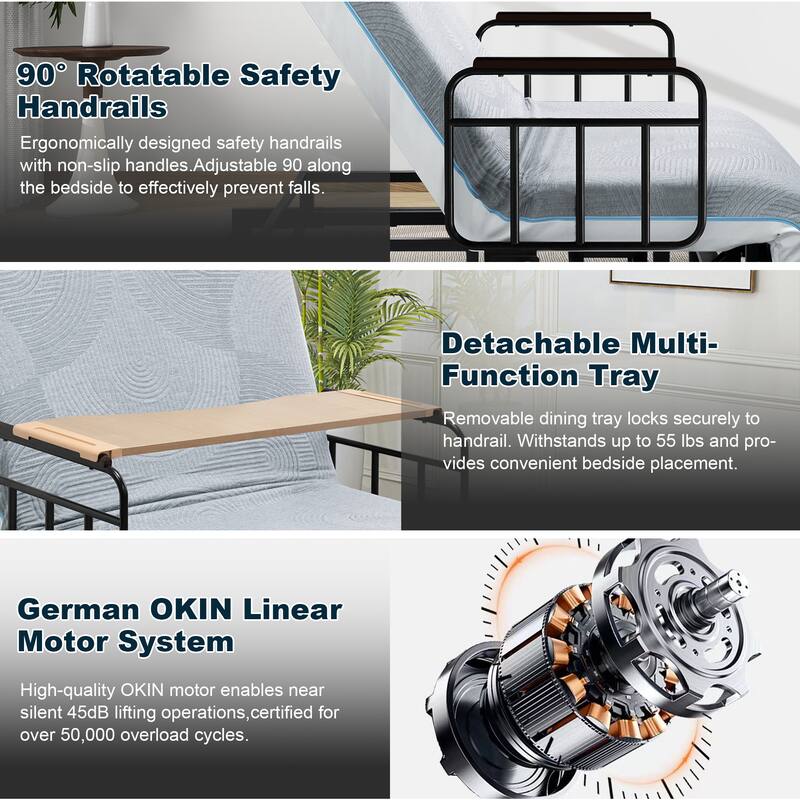 Electric Adjustable Bed with Memory Foam Mattress, Safety Rails, and Detachable Tray for Seniors and Recovery