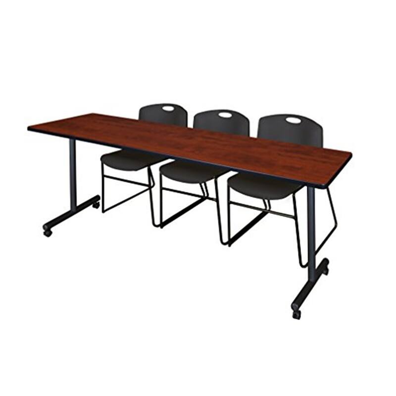 84" x 24" Mobile Training Table- Cherry & 3 Stack Chairs- Black