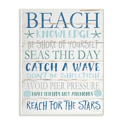 Stupell Beach Knowledge Blue Aqua and White Planked Look Sign, 12 x 18, Proudly Made in USA