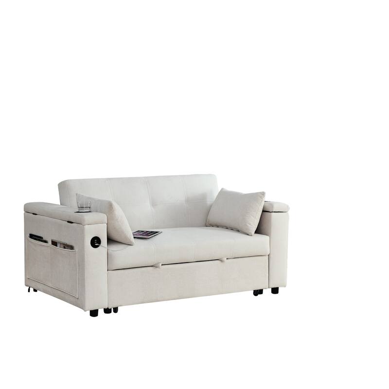 Chenille Pull-Out Sleeper Loveseat Bed Adjustable Backrest Tufted Futon Sofa with 2 Pillow and USB Ports, Pockets