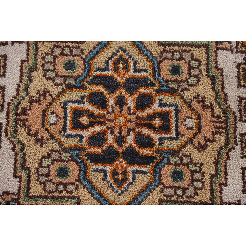Geometric Beige Heriz Serapi Runner Rug Hand-Knotted Wool Carpet - 2'5"x 8'1"