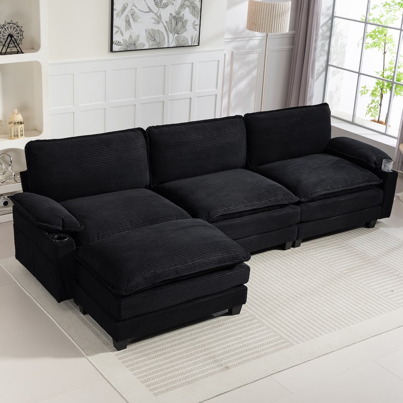 113" L Shaped Sectional Sofa, Deep Seat Cloud Couch with Ottoman, Oversized Corduroy Couch with Cup Holders, Storage Bags