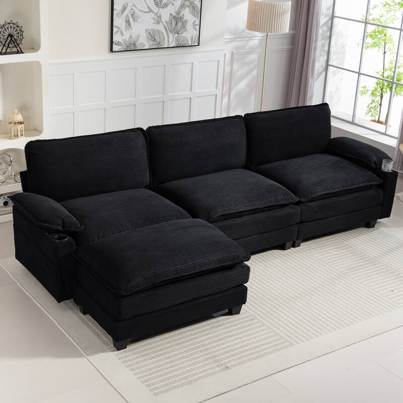 L-Shaped Modular Sectional Sofa with Ottoman, Oversized Corduroy Upholstered Cloud Couch with Cup Holders & Side Pockets
