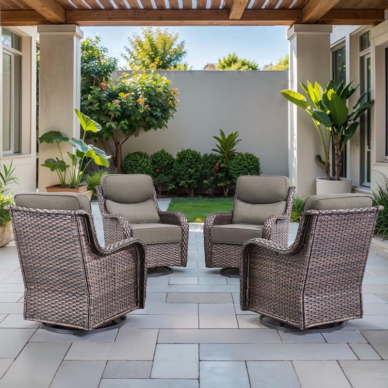 Arcadia Wicker Patio Swivel Glider Chairs with 6-Inch Cushions (4-Pack) - Gray Cushions - Brown Wicker
