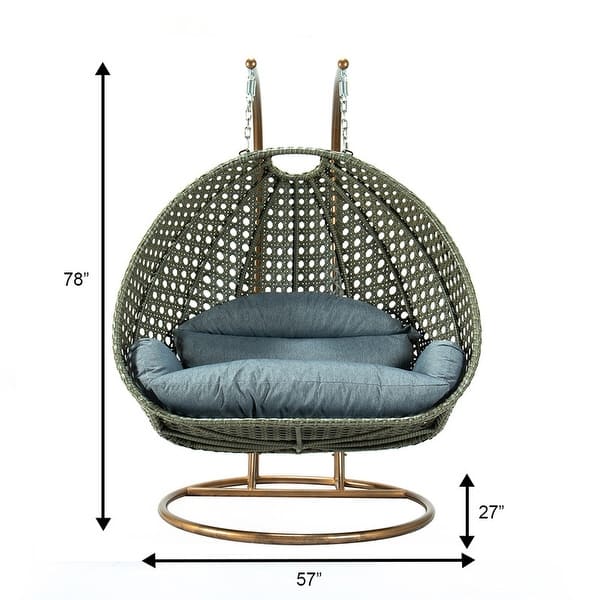 dimension image slide 1 of 16, LeisureMod Modern 2-Person Egg Hanging Swing Chair with Beige Wicker, Oxford Fabric Cover, Patio Hammock Lounger and Cushions