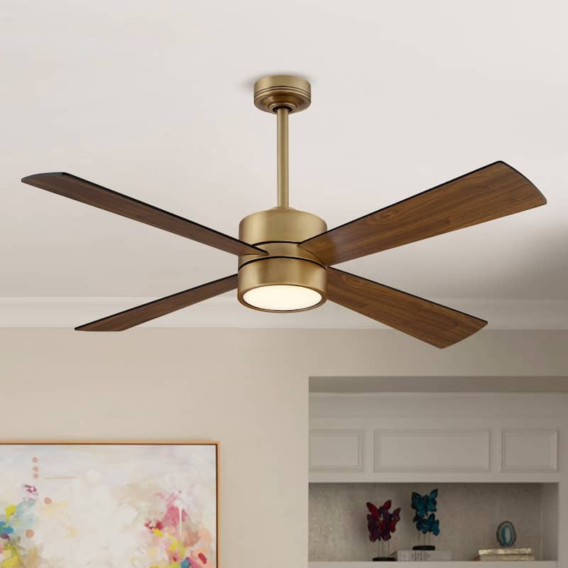 52" Natural Brass Modern Downrod Mount LED Ceiling Fan with Light and Remote