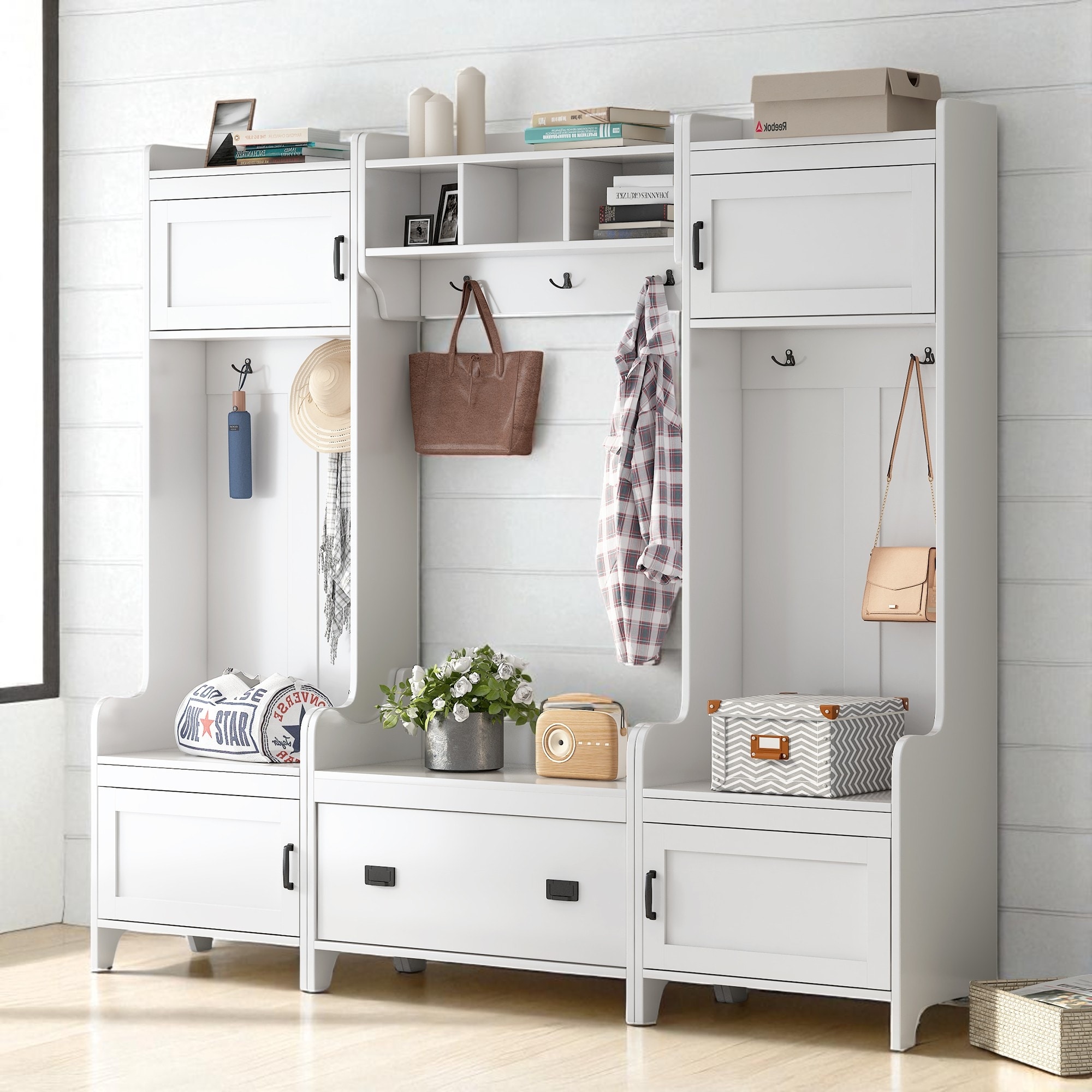 Modern 4-in-1 Hall Tree with Bench, 7 Metal Hooks, Storage Drawer & 4 Cabinets, Entryway Coat Rack Organizer