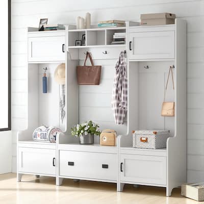 Modern 4-in-1 Hall Tree with Bench, 7 Metal Hooks, Storage Drawer & 4 Cabinets, Entryway Coat Rack Organizer