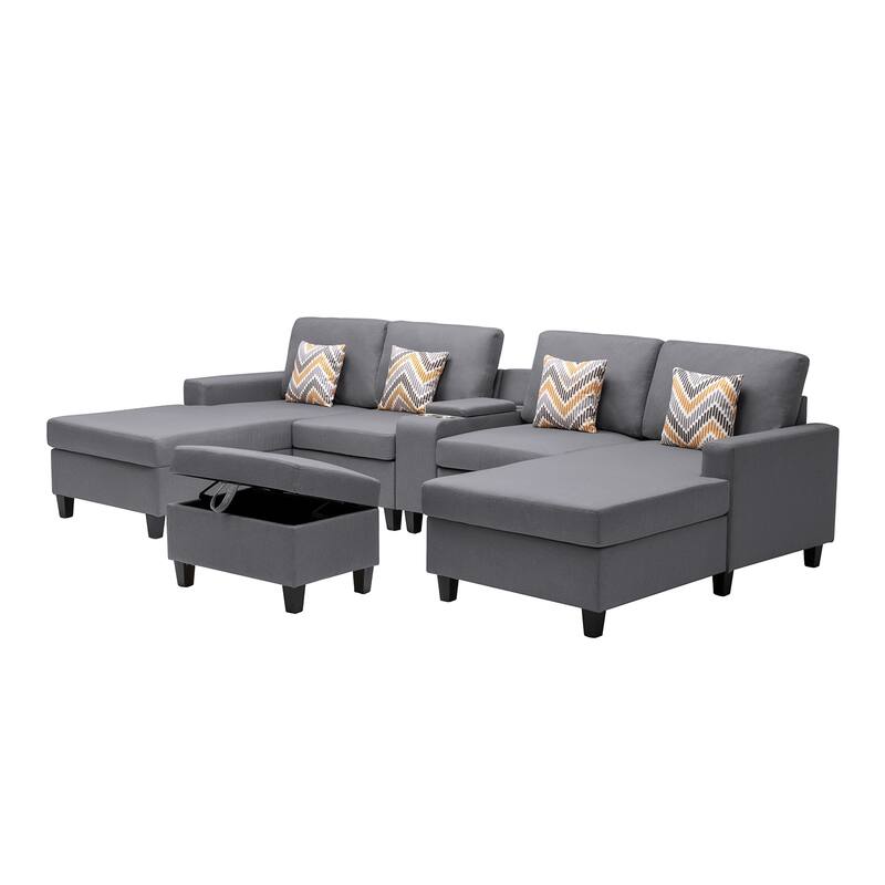 Linen Fabric 6 Piece U-Shaped Double Chaise Sectional Sofa with Interchangeable Legs and Storage Console Table