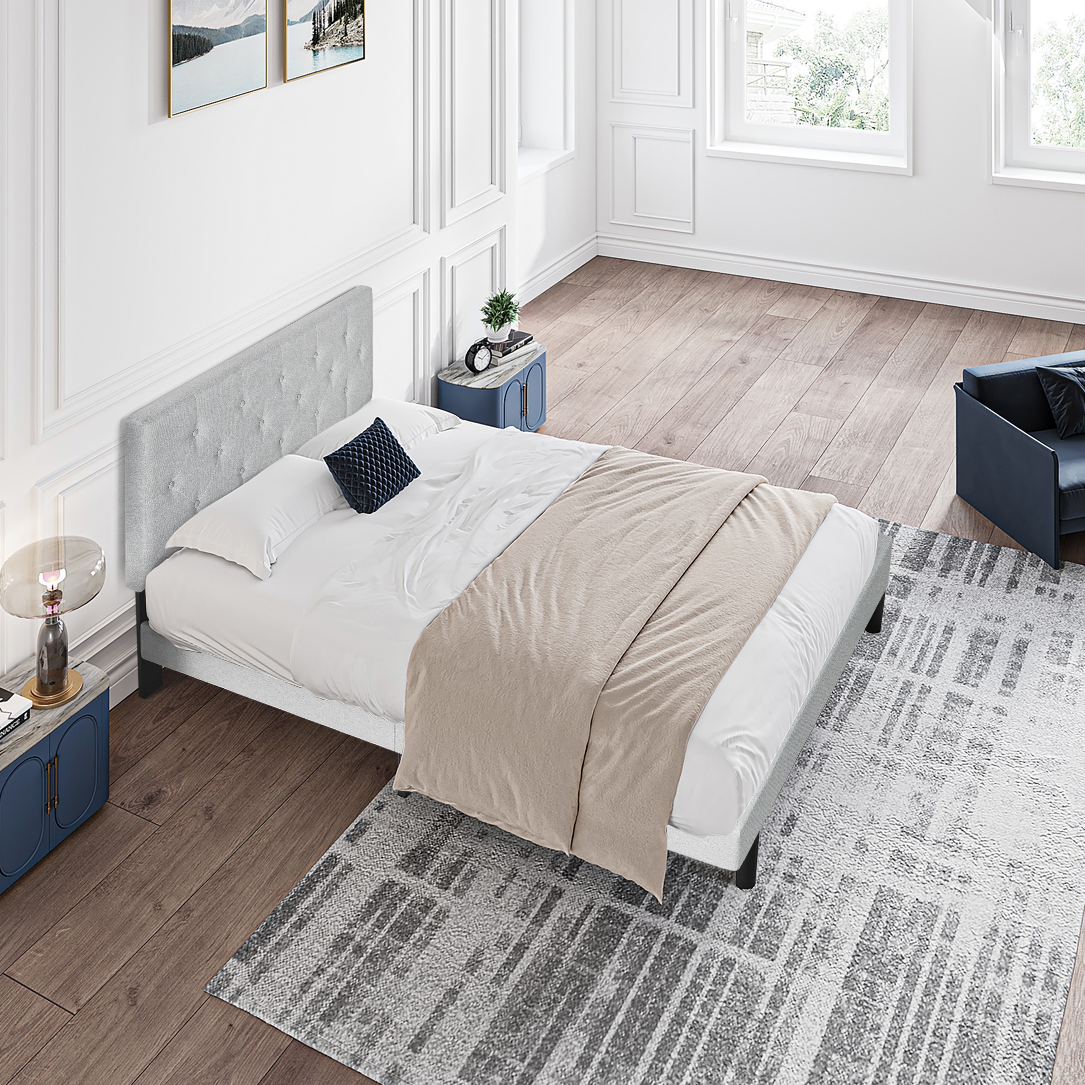 Twin Size Upholstered Platform Bed Frame with Button Tufted Linen Fabric Headboard, No Box Spring Needed, Wood Slat Support