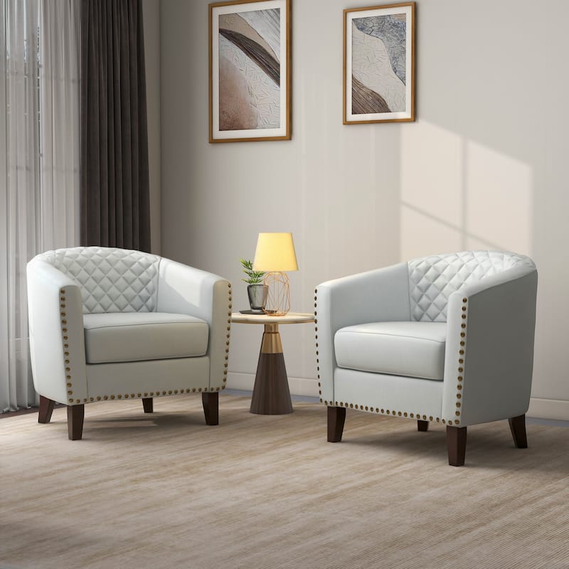 UIXE Mid-Century Leather Barrel Accent Chair With Nailheads Trim - 29" W