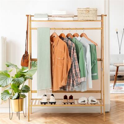 Bamboo Clothing Rack With Storage Shelves