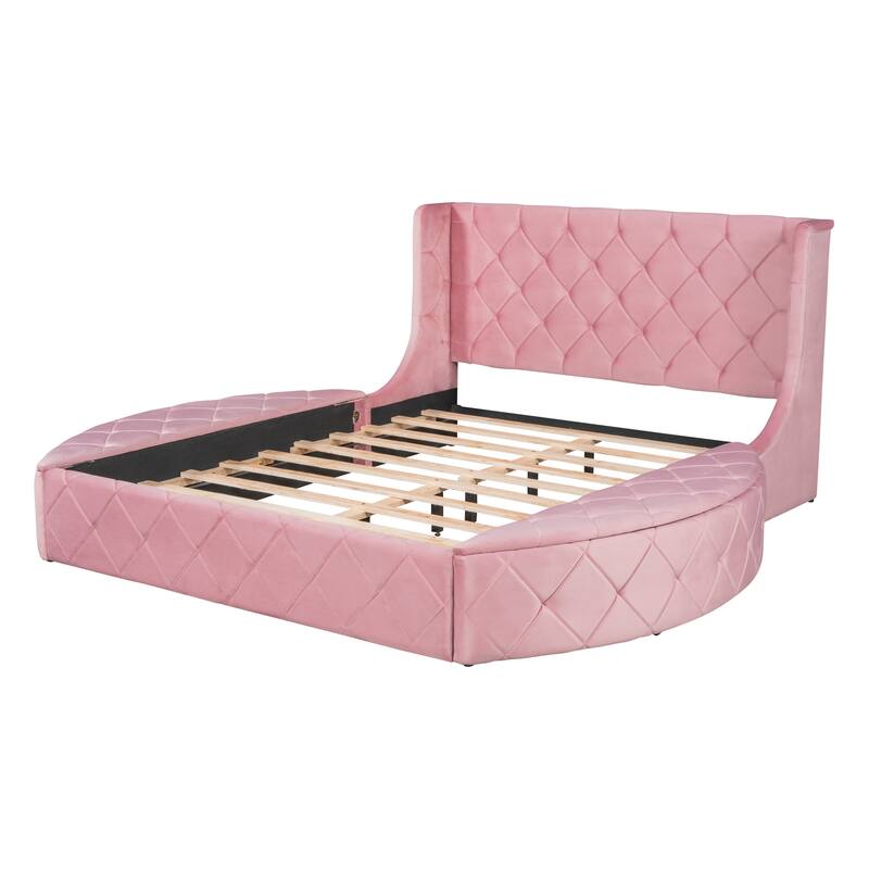 Upholstered Platform Bed Queen Size Storage Velvet Bed with Wingback Headboard and 1 Big Drawer,2 Side Storage Stool(Beige)